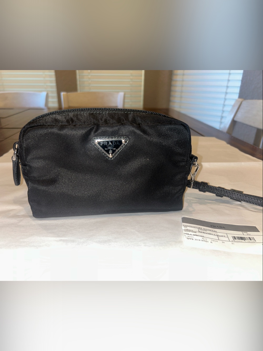 NEW Prada Black Nylon Zip Wristlet with Silver Triangle Logo